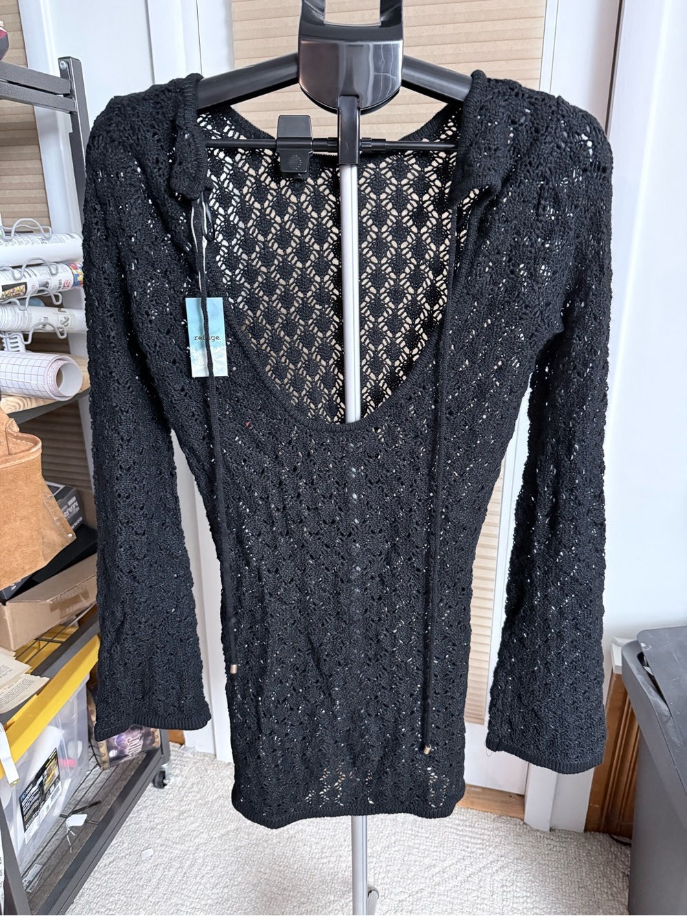 Black open-knit crochet mini dress deep scoop neckline flowing bell sleeves NWT